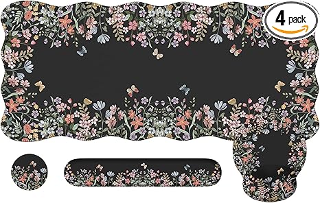 Desk Mat Set,Large Mouse Pad with Wrist Rest,Ergonomic Keyboard Wrist Support for Women,Girly Floral Computer Mat with Coaster,Non-Slip Desk Pad Home Office Gaming (Black)