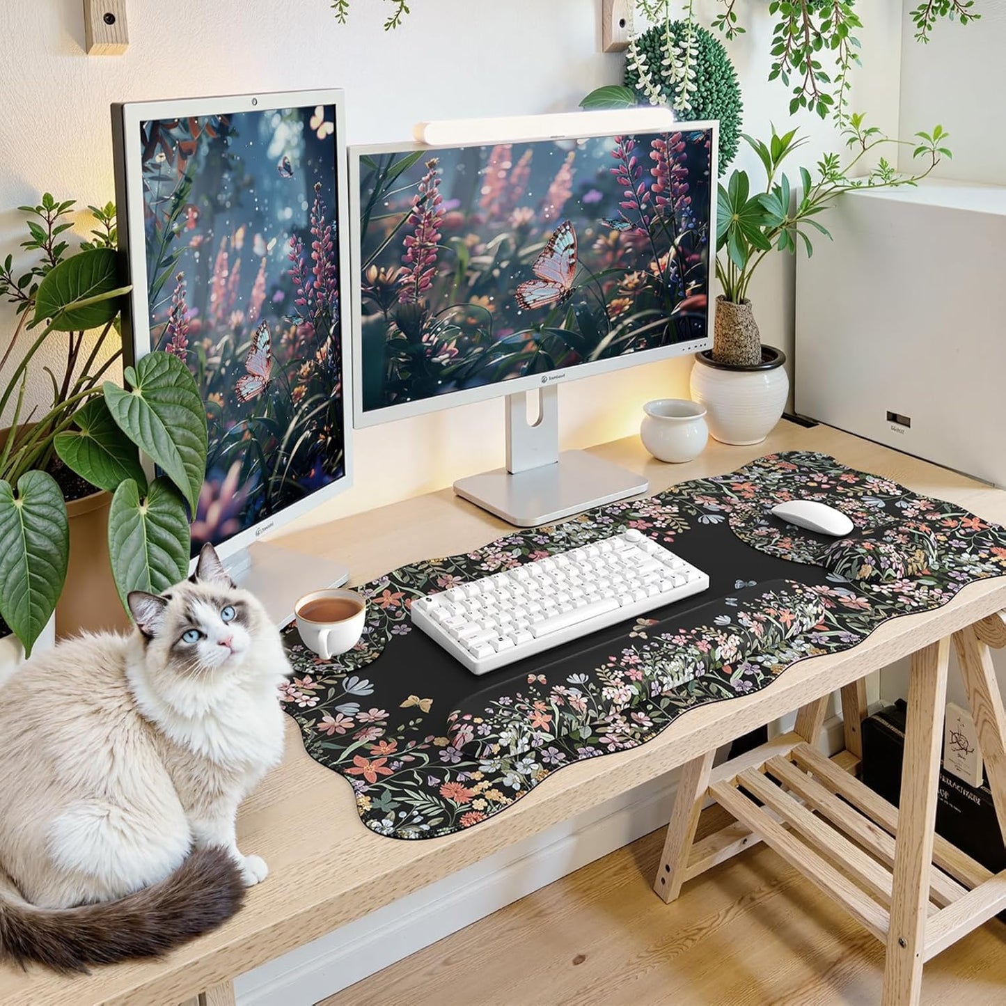 Desk Mat Set,Large Mouse Pad with Wrist Rest,Ergonomic Keyboard Wrist Support for Women,Girly Floral Computer Mat with Coaster,Non-Slip Desk Pad Home Office Gaming (Black)