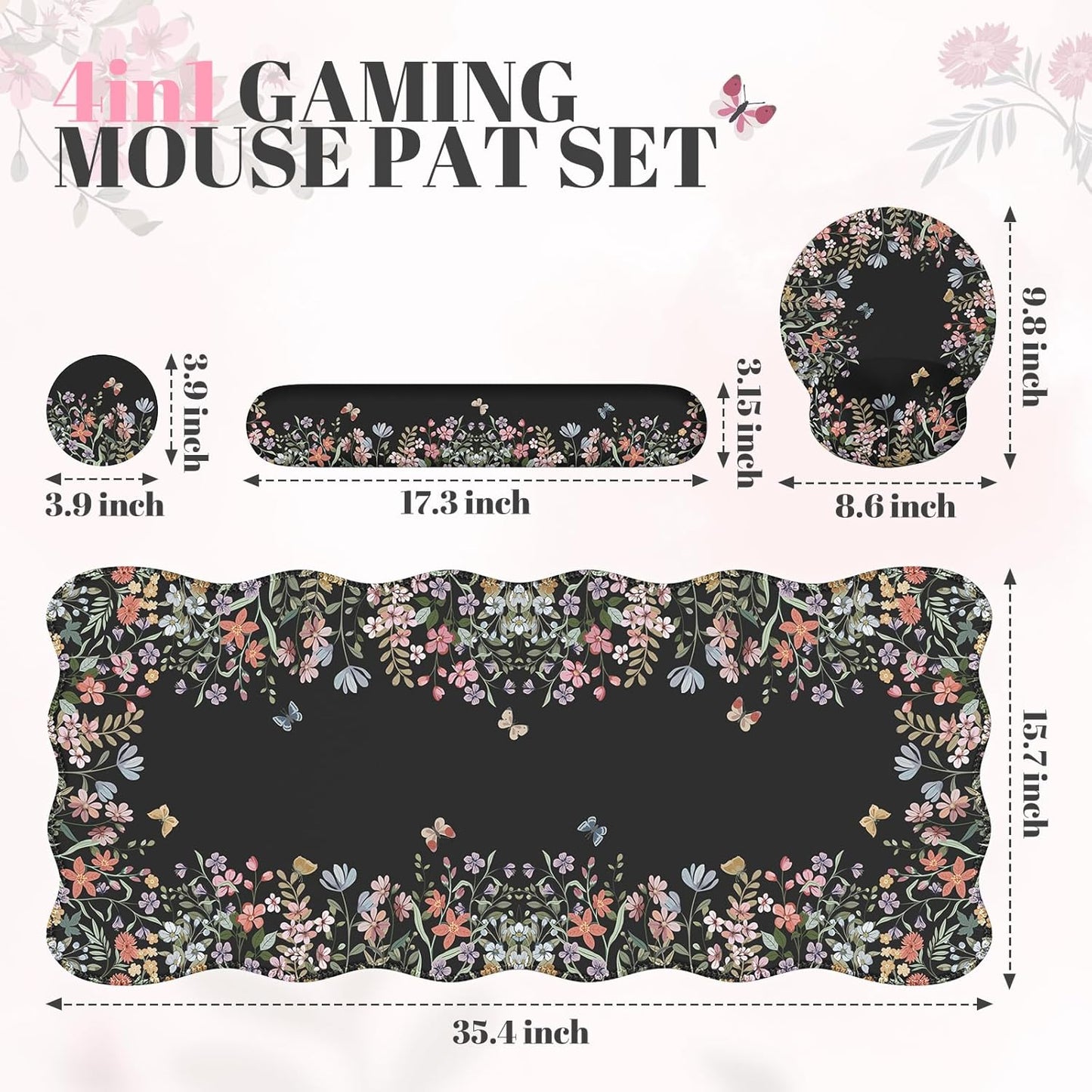 Desk Mat Set,Large Mouse Pad with Wrist Rest,Ergonomic Keyboard Wrist Support for Women,Girly Floral Computer Mat with Coaster,Non-Slip Desk Pad Home Office Gaming (Black)