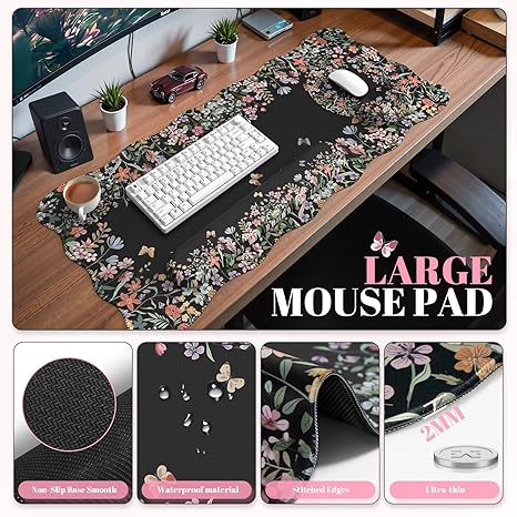 Desk Mat Set,Large Mouse Pad with Wrist Rest,Ergonomic Keyboard Wrist Support for Women,Girly Floral Computer Mat with Coaster,Non-Slip Desk Pad Home Office Gaming (Black)