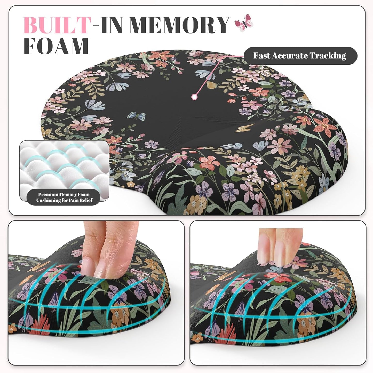 Desk Mat Set,Large Mouse Pad with Wrist Rest,Ergonomic Keyboard Wrist Support for Women,Girly Floral Computer Mat with Coaster,Non-Slip Desk Pad Home Office Gaming (Black)