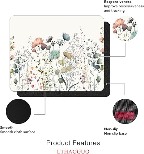 Mouse Pad, Beige Boho Mousepad, White Small Mouse Pad with Design, Cute Minimalist Flowers Mouse Pads, Esthetics Computer Laptop Mouse Mat for Desk, Gift for Women, 9.5 x7.9 inch