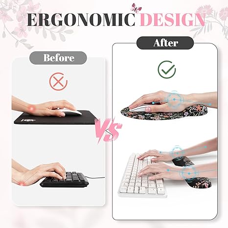 Desk Mat Set,Large Mouse Pad with Wrist Rest,Ergonomic Keyboard Wrist Support for Women,Girly Floral Computer Mat with Coaster,Non-Slip Desk Pad Home Office Gaming (Black)
