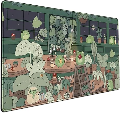 Cute Frog Kawaii Green Desk Decor Mat, Large Gaming Mouse Pad for Computer Keyboard Laptop, Home Office Accessories for Girl (31.5x15.7 in)-with Stitched Edges Pad